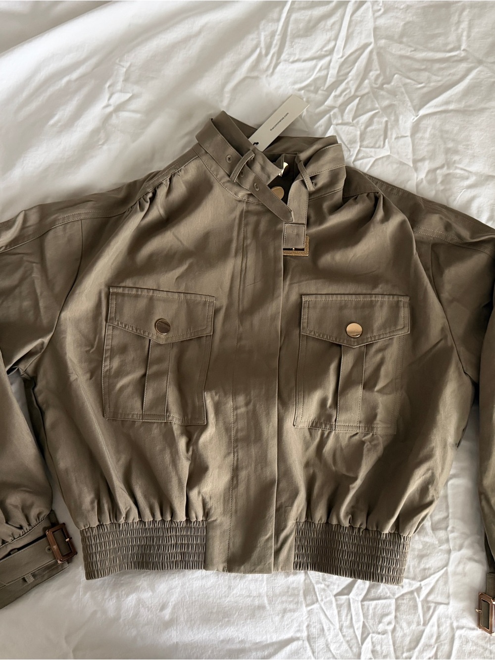 Commense Olive Belted Collar Cotton Blend Cropped Jacket Medium NWT - Picture 2 of 9